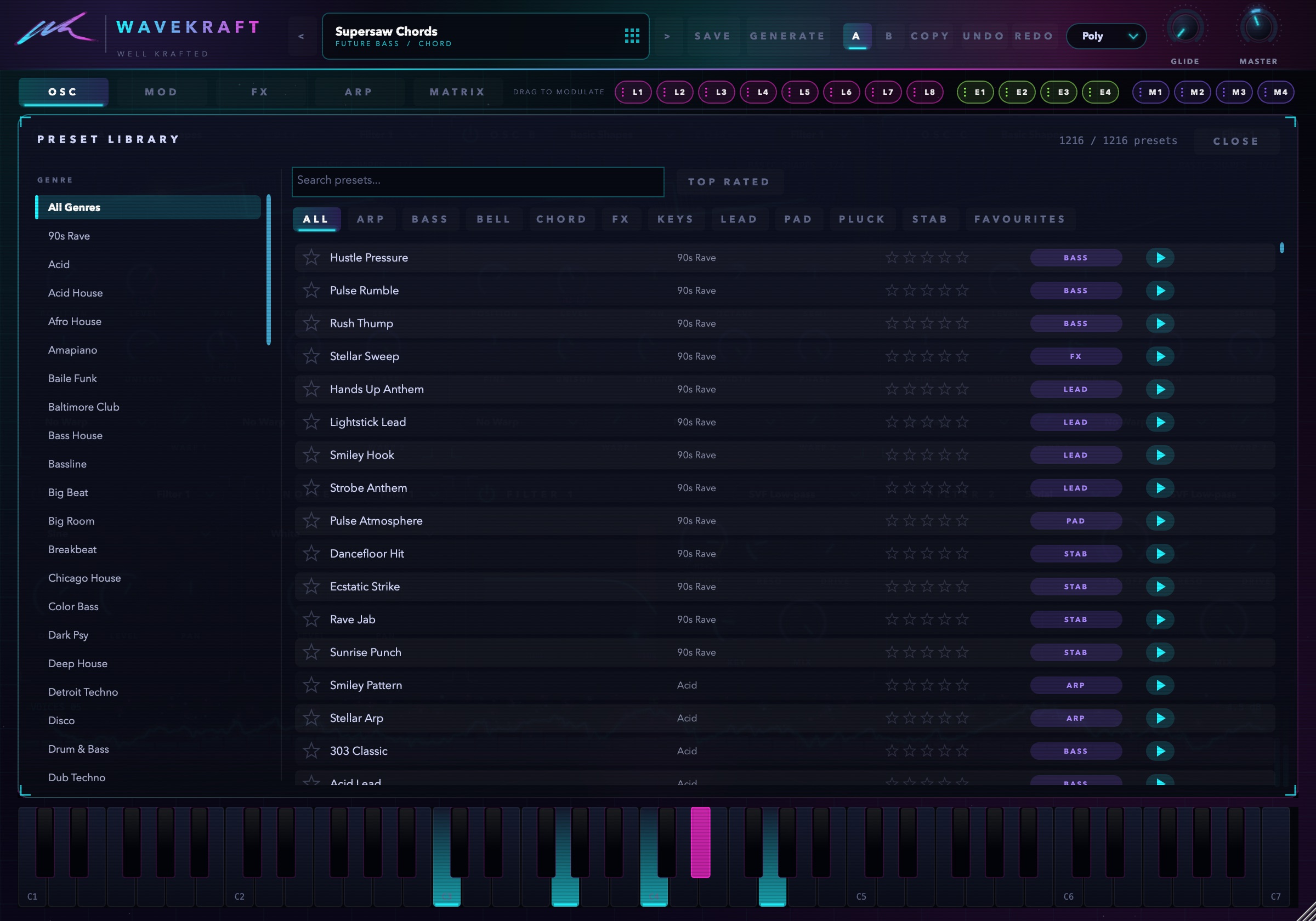 The preset library with genre list, categories, favourites and star ratings