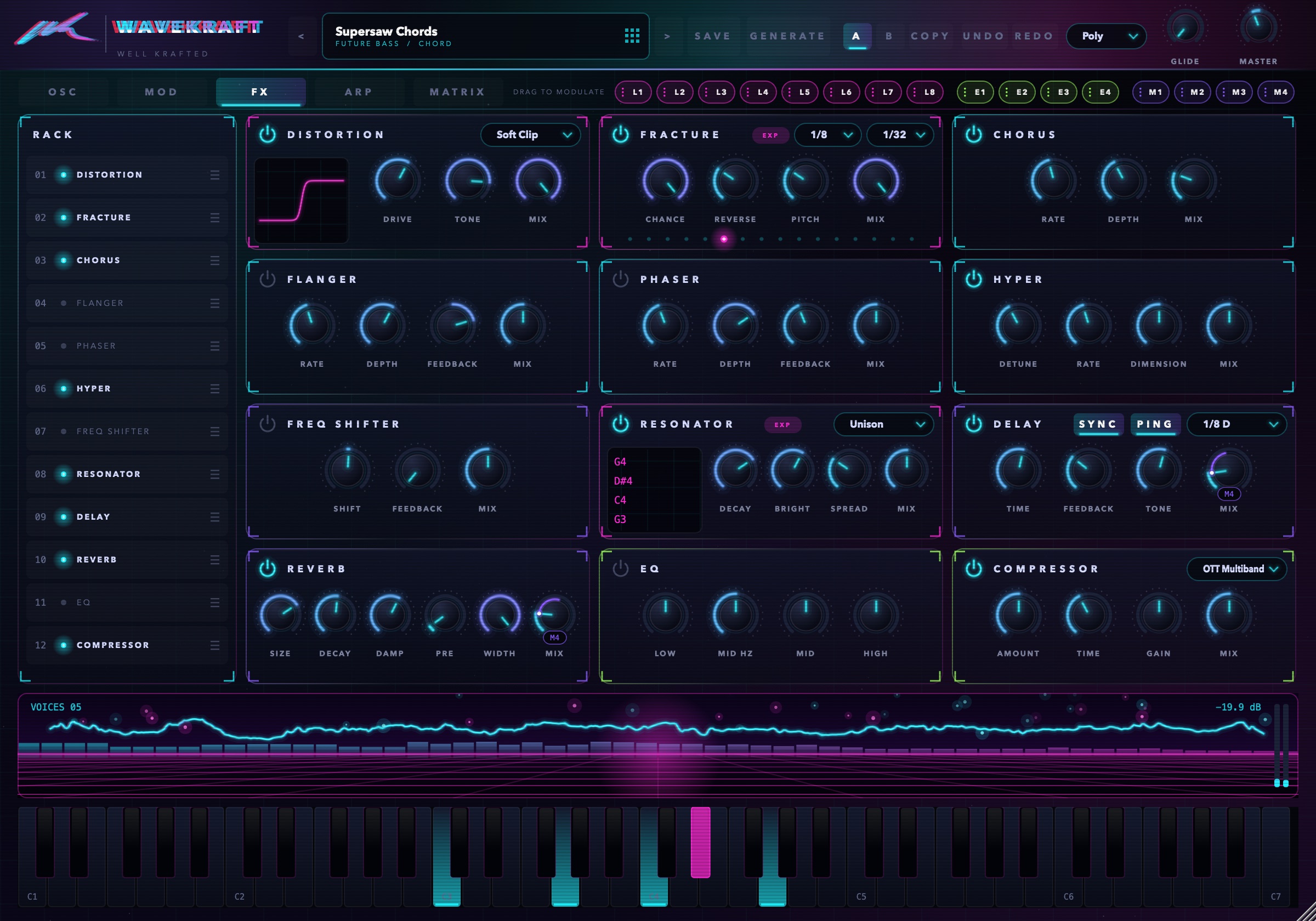 The FX page: a reorderable rack and twelve effect modules