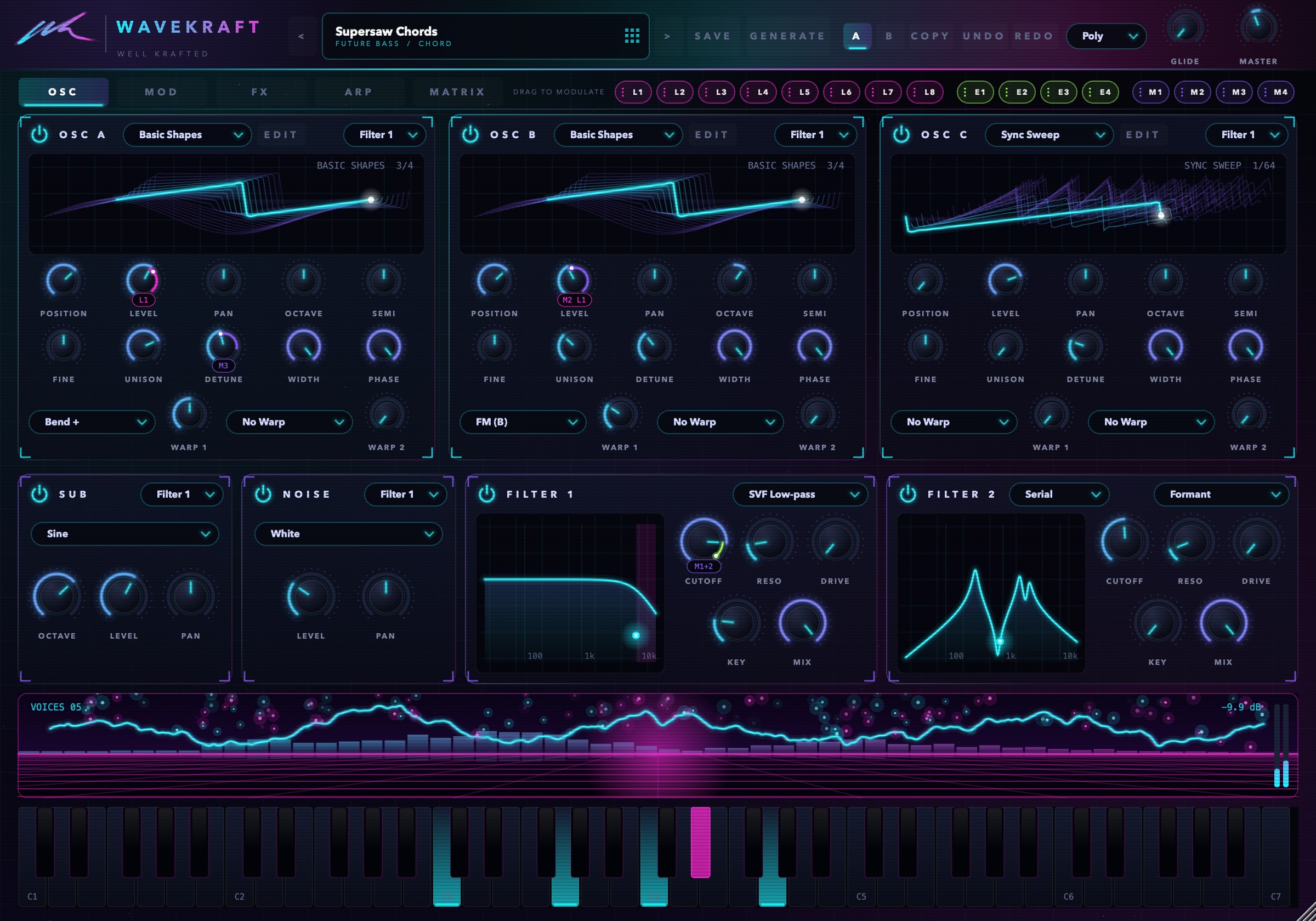 The Wavekraft interface: three wavetable oscillators, sub, noise, two filters, a live visualizer and keyboard